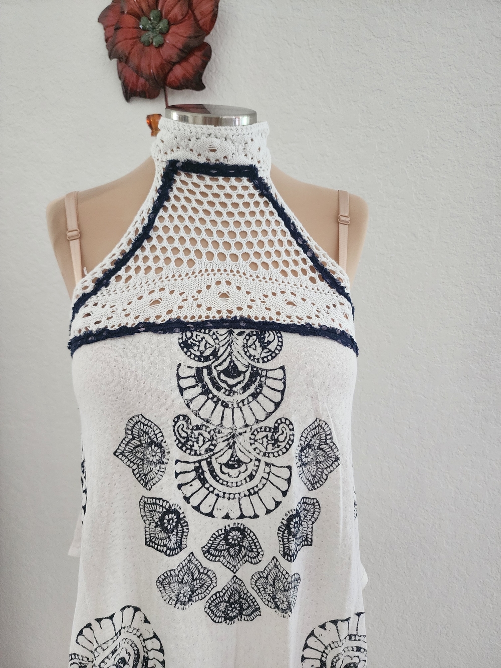 FREE PEOPLE | White Crochet Halter Tank Top with Navy Print - Picture 3 of 13
